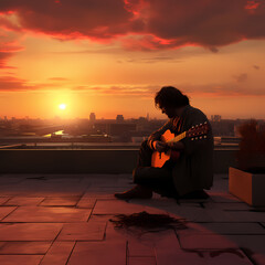 Wall Mural - A guitarist playing at sunset on a rooftop.