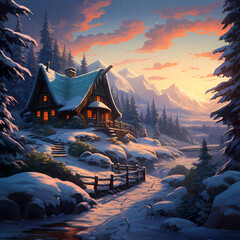 Poster - A snowy landscape with a cozy cabin. 