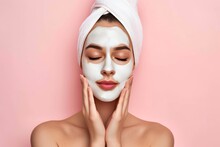 Face Mask Model Influencer Management. Well Groomed Woman Uses Skin Resilience, Lily Lip Balm, Lotion & Eye Patch. Face Cream Argan Oil Lotion Jar Organic Cosmetic Pot