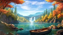 Animated Illustration Of A Small Lake In The Middle Of The Forest With A Wooden Lifeboat. Forest Views With Natural Lakes. Animated Scenery Background Illustration.
