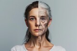 Fototapeta Konie - Aging old age. Comparison young to old woman tertiary health care. Less Wrinkles, flush, youthful complexion, lines through skincare, anti aging cream, wrinkle hacks and face lift