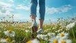 Gals' feet journey around the field of daisies and take in the small, lovely things space, Generative AI.
