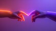 Isolated on a purple background with neon lights, two human hands reach out to touch one other, Generative AI.