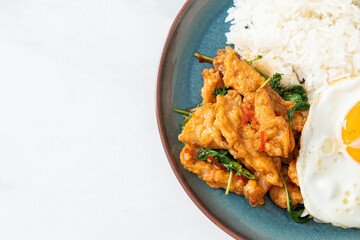 Sticker - stir-fried fried fish with basil and fried egg topped on rice