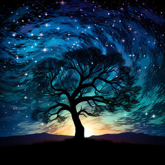 Poster - Starry night sky with a silhouetted tree. 