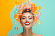 Surreal portrait of a smiling girl with water bubble on her head with solid white background. Abstract photo in pop art collage style