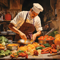 Wall Mural - A chef chopping vegetables in a busy kitchen.