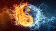 Yin and yang symbolized as fire and water background. Harmonious balance depicted, Ai Generated.