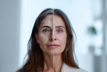 Aging Itchy Skin. Comparison Young To Old Woman Hot Flashes. Less Wrinkles, Decreased Eyebrow Arch, Retirement, Lines Through Skincare, Anti Aging Cream, Wise And Face Lift