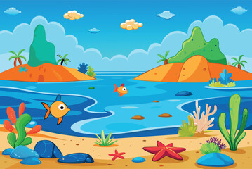 Wall Mural - Cartoon underwater landscape with fish ,sea animal, corals and reefs. Underwater aquatic life landscape, ocean scenery