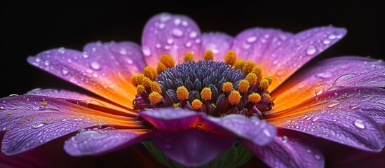 Wall Mural - A close-up shot of a violet flower with water drops on its petals, showcasing the beauty of a terrestrial flowering plant.