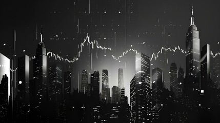 Wall Mural - silhouette of skyscrapers with overlapping stock market graphs. Business symbols on financial, trading and economic growth indicators. generative AI