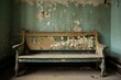 A bench before a wall showing peeling paint. Generative AI