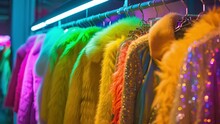 A Rack Of Clothing Features Pieces In Daring Neon Hues Ranging From Neon Green Faux Fur Coats To Neon Yellow Sequined Dresses.