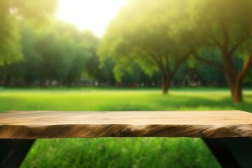 Poster - Empty wood table and defocused bokeh and blur background of garden trees with sunlight. product display template.