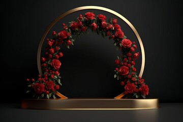 Aufkleber - Luxurious and elegant black podium decorated with roses for product display