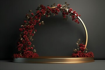 Aufkleber - Luxurious and elegant black podium decorated with roses for product display
