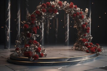 Poster - Luxurious and elegant black podium decorated with roses for product display