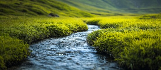 Wall Mural - A picturesque watercourse winds through a serene expanse of lush grass, enhancing the natural beauty of the landscape.