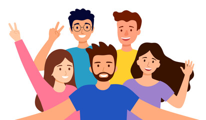 Wall Mural - Friend group taking selfie photo together in flat design on white background.