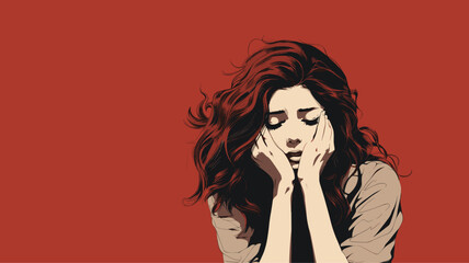 Wall Mural - Digital illustration of a woman in a moment of despair  symbolized by her head in hands against a stark background (頭を抱える女性). simple minimalist illustration creative