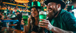 Happy adult man and woman celebrating saint patricks day at an irish beer pub