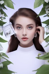 Wall Mural - A captivating shot featuring a girl with subtle makeup, wearing a sleeveless white outfit, perfect for an advertisement showcasing natural beauty and skincare products.