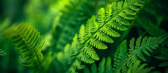 Wall Mural - A macro photograph of a green fern, a type of terrestrial plant with lots of leaves, found in natural landscapes and forests.