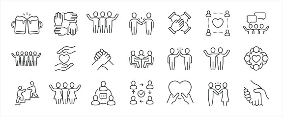 Wall Mural - Friendship minimal thin line icons. Related friends, team, care, togetherness. Editable stroke. Vector illustration.