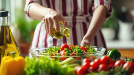 Sticker - Woman pouring olive oil in to the vegetable salad, healthy eating.