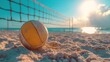 © fajar - Focused ball on the beach sand, beach volleyball game under sunlight and blue sky blurred background
