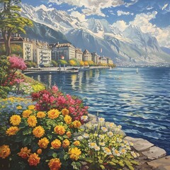 Wall Mural - The flower quay in Montreux, Switzerland. Lake Geneva overlooking the Alps.
