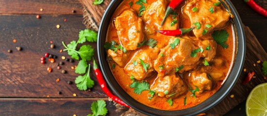 Canvas Print - A comforting Thai curry made with chicken, cooked to perfection and now resting on a wooden table.