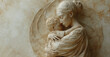 Mother and child in a tender embrace, captured in a timeless stone sculpture with warm sepia tones.