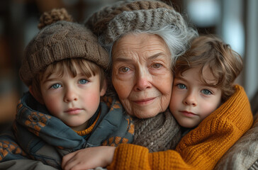 Elderly woman embracing two young children, all wearing warm knitted hats, conveying a sense of family warmth and generational love.