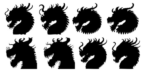 Wall Mural - Dragon head silhouette flat style design vector illustration set isolated on white background.