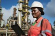 © Milkghost - Female engineer in hard hat and safety vest using tablet at oil refinery