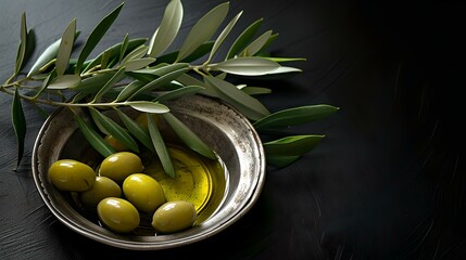 Wall Mural - Green olives and olive branch in silver bowl on dark background. mediterranean cuisine ingredient. perfect for culinary themes. AI