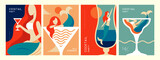 Fototapeta  - Set of retro summer posters with summer attributes. Cocktail cosmopolitan silhouette, mermaid and sea. Vector illustration