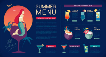 Wall Mural - Retro summer restaurant cocktail menu design with mermaid in cocktail glass. Vector illustration