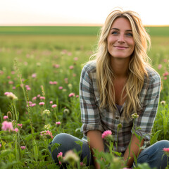 Poster - A woman surrounded by the soft glow of nature's golden hour, emphasizing the gentle lighting and creating a serene,