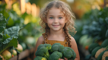 Wall Mural - girl holding a bunch of brocolli 