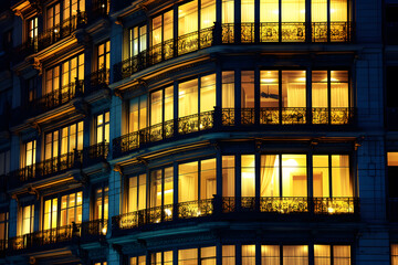 Wall Mural - window of the multi-storey building of glass and steel lighting and people within timelapse