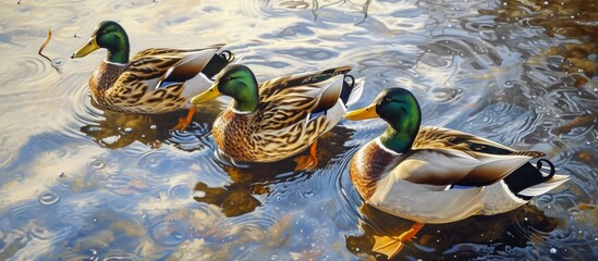 Canvas Print - Three mallard ducks, along with other waterfowl like geese and swans, gracefully swim in the fluid art of a serene pond, their beaks perfectly adapted to navigate the liquid landscape.