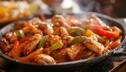 mexican food chicken fajitas preparing on a  hot smoking sizzling plate