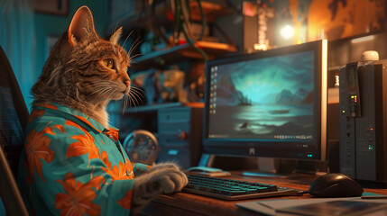 Cute cat sitting in front of computer monitor