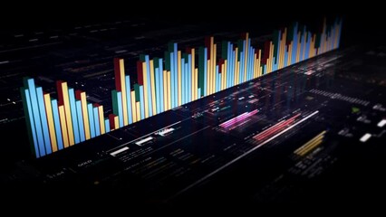 Fototapete - Business presentations with this stock market trading info graphic. Vibrant animated graphs and charts on a monitor display screen provide insightful data analysis, for productive business meetings