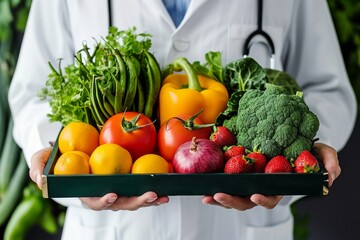 A nutritionist or doctor presenting fresh fruits and vegetables, advocating a healthy diet as a prescription for good health and weight loss