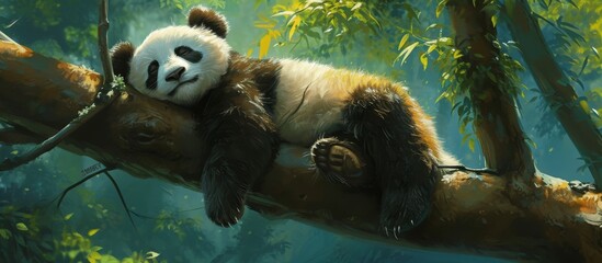 Wall Mural - Fluffy Sleepy Panda Dozes Peacefully on a Dreamy Tree Branch - Fluffy, Sleepy, and Playful