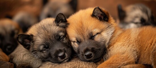 Wall Mural - A pack of sleeping puppies, belonging to various dog breeds, peacefully rest beside each other, showcasing their natural instinct as carnivorous and terrestrial animals.